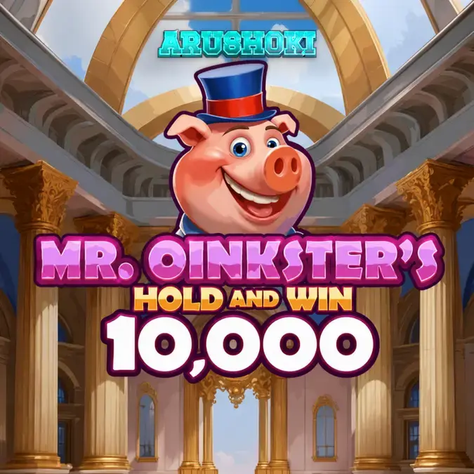 Tampilan visual permainan slot Mr. Oinkster’s Hold & Win 10,000 dengan tema babi lucu.